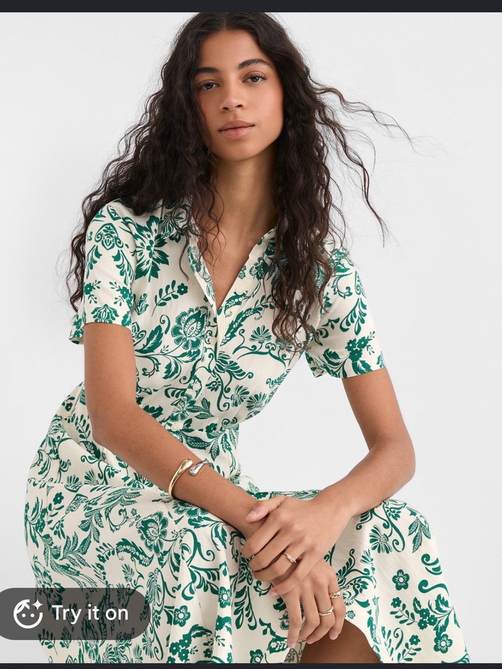 Loft Dress - off white/green floral midi length full button front
